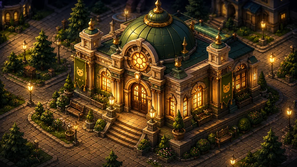 Green-domed Studio HQ building with warm lights and olive-gold accents