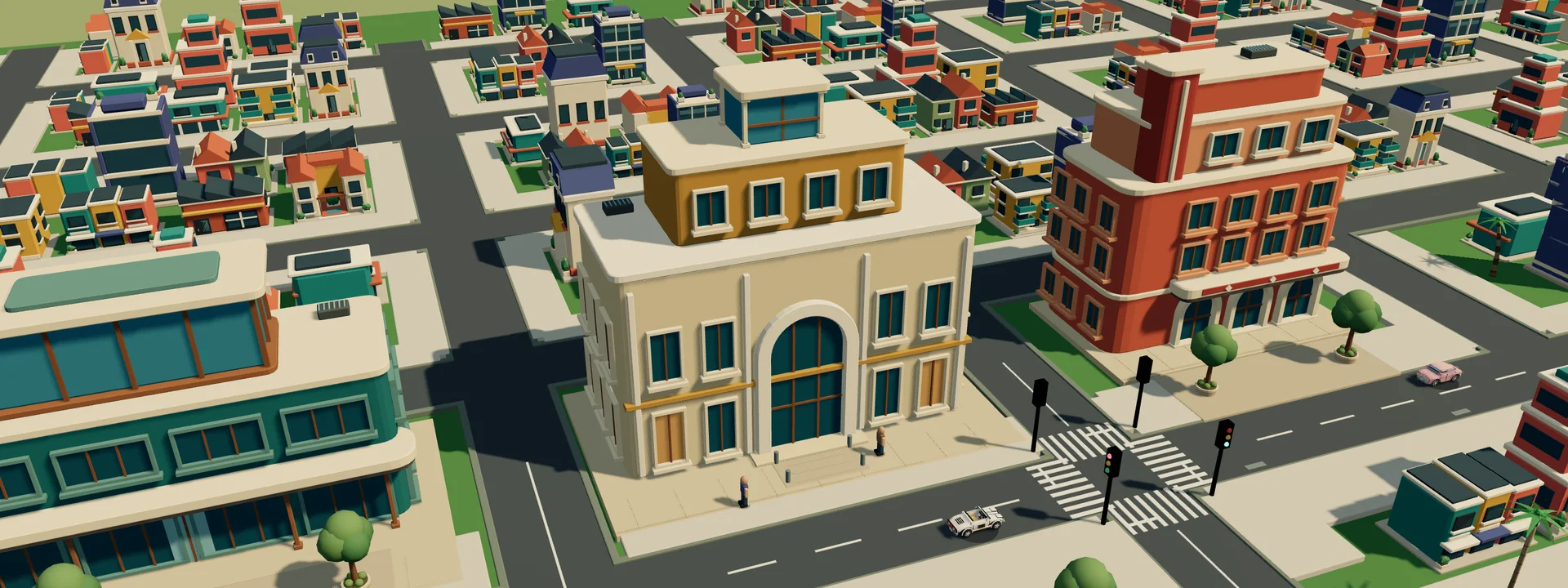 Ivory and ochre Studio HQ with its tall arched entrance, framed teal windows, and a landscaped neighborhood crossing