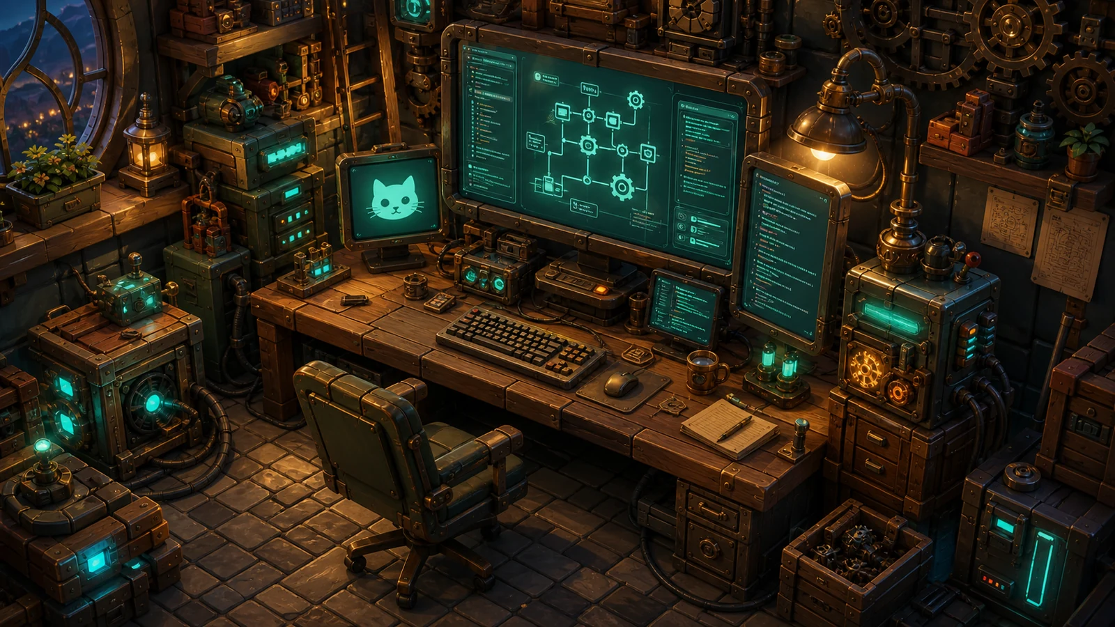 Cozy AI development workbench with teal monitors and automation equipment