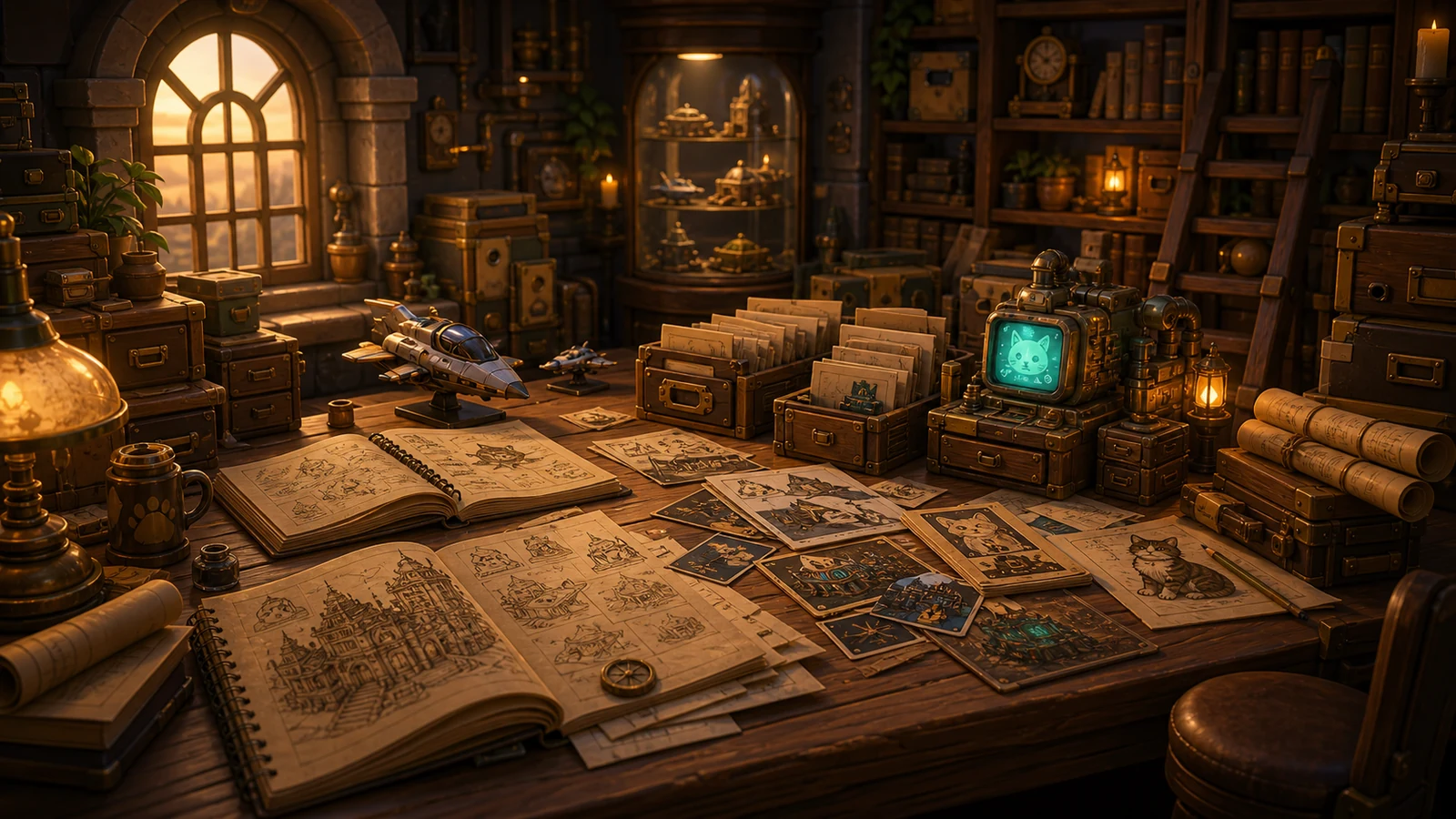 Warm archive desk with old prototype sketches, notebooks, boxes, and amber lamps