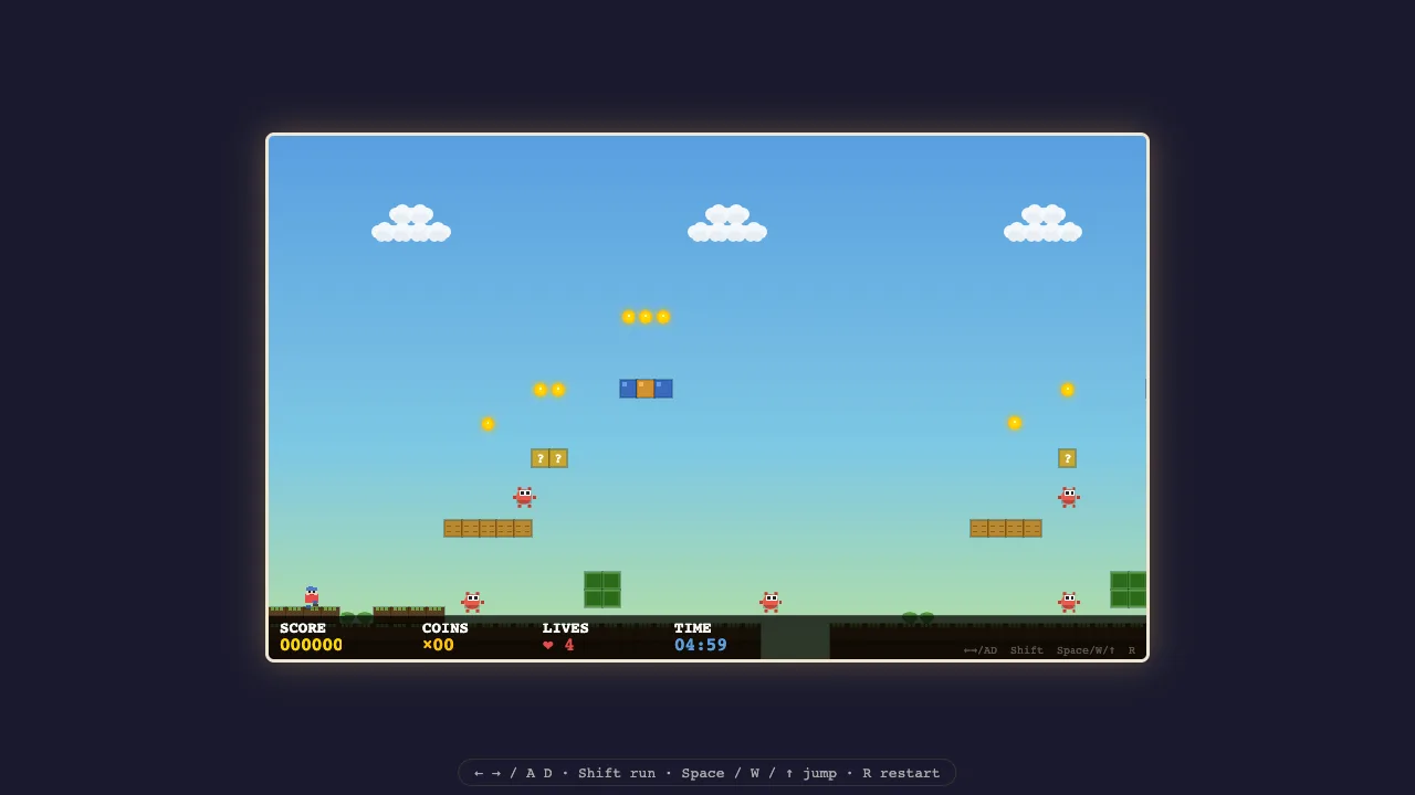 Browser platformer benchmark output with a playable side-scrolling level