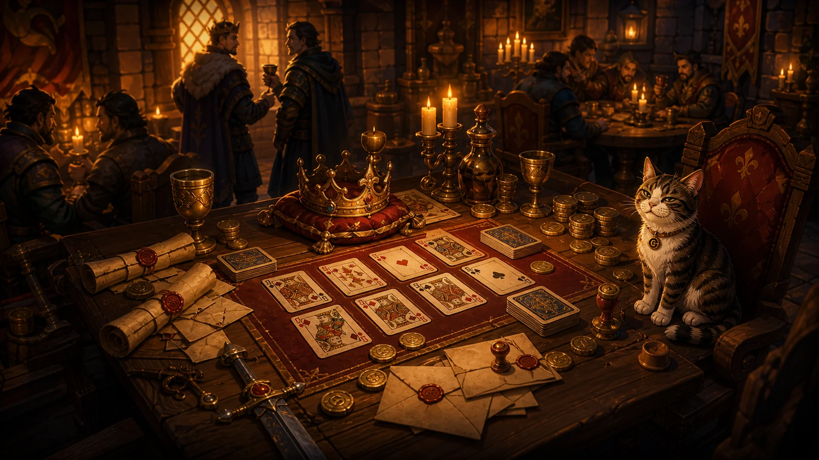 Candlelit fantasy card table with court intrigue props for Treason